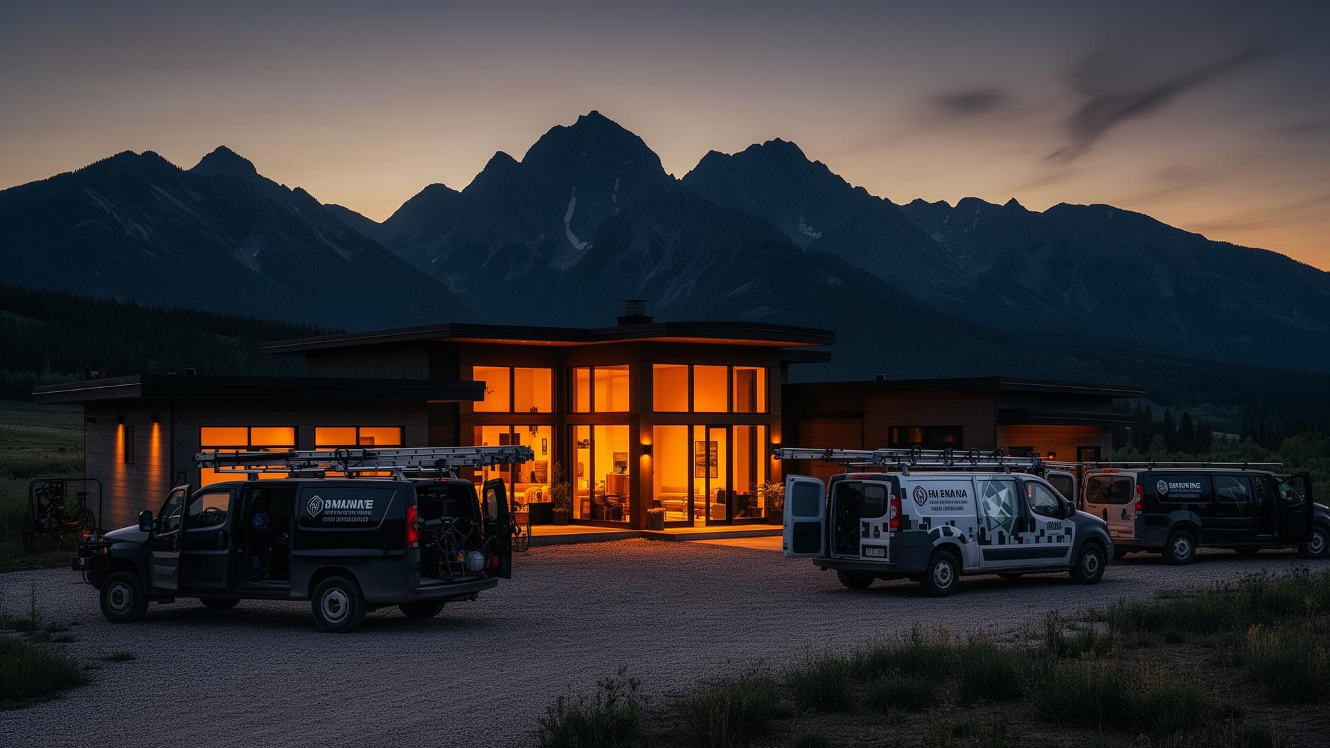 Film-ready mountain home with parked production vans